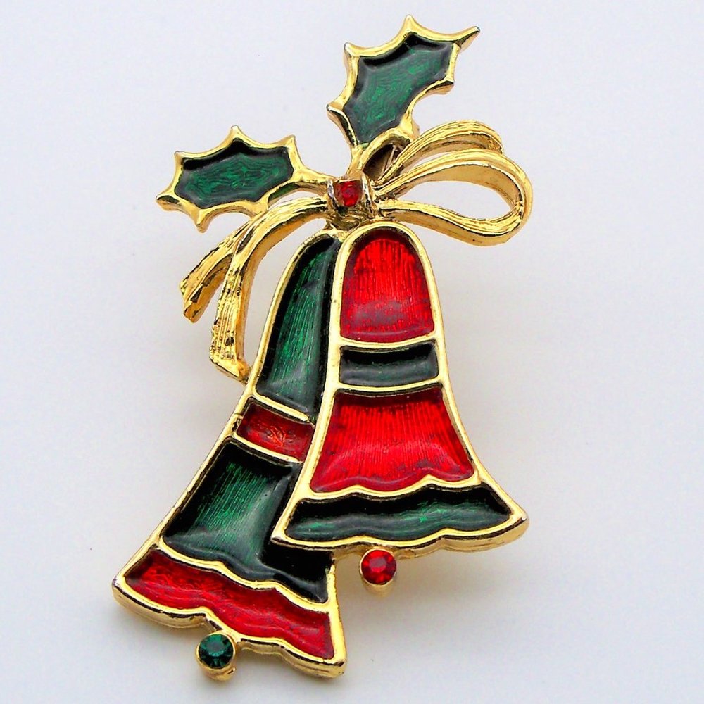 Christmas Bells Enamel Beatrix Rhinestone Pin